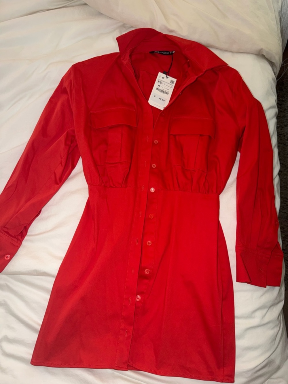 Zara Red Long Sleeve Shirt Dress